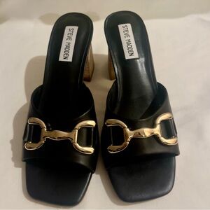 Chic Black Slide Sandals with Gold Horsebit Accent Minimalist Block Heel